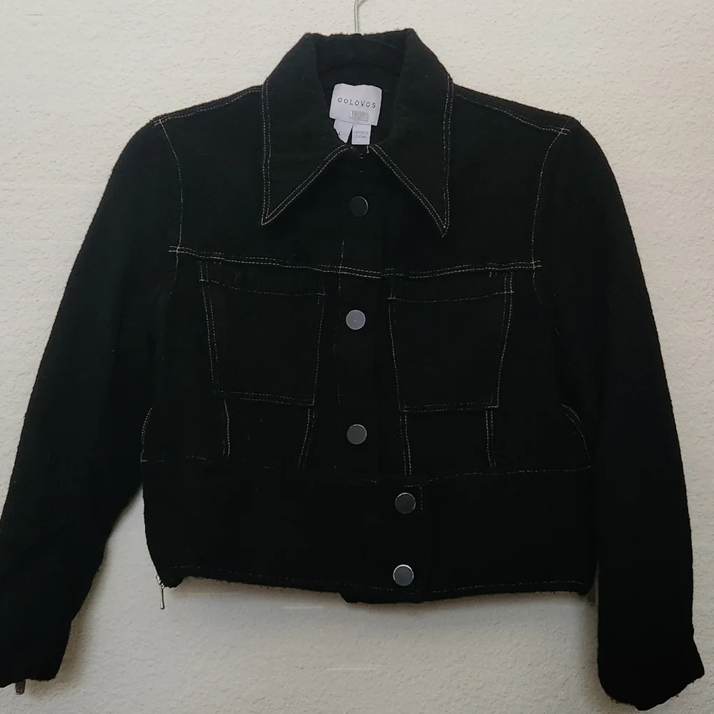 Colovos Black Wool Cropped Button Up Jacket